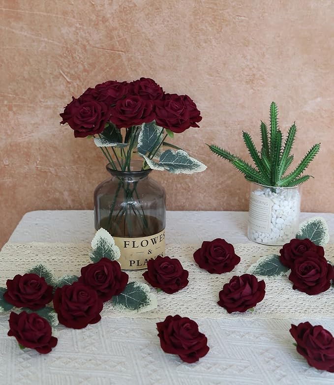 25PCS Faux Rose Flower Head Burgundy Velvet Rose Flowers Fake Flower Heads for DIY Wedding Home Party Baby Shower Decor(Burgundy)