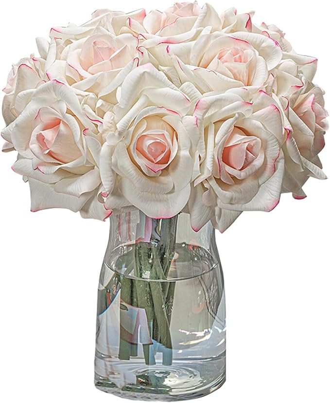 Artificial Roses Single Stem 10pcs Fake Silk Flower Arrangement Bouquet Real Touch for Home Party Wedding Decoration(Pink Edge)