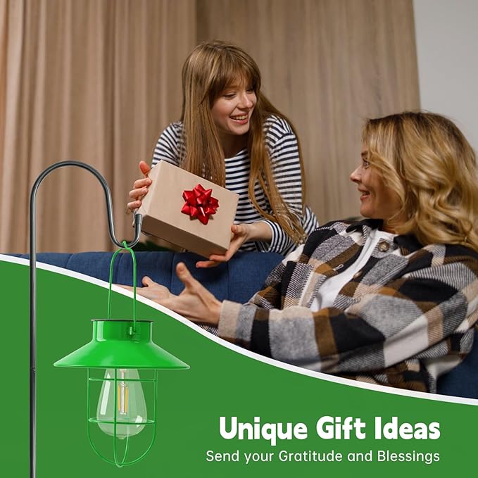 Solar Lights Lantern Lamp with Shepherd Hook, Solar Metal Lanterns, Outdoor Lights Decor,Edison Bulb Lights for Garden ,Outside Decor for Pathways,Patio, Lawn, or Landscaping(Green)