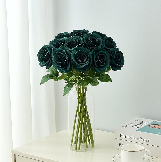 12PC Peacock Green Roses Artificial Flowers Fake Roses Silk Flowers Roses with Long Stems for Wedding Home Party Centerpieces Decorations