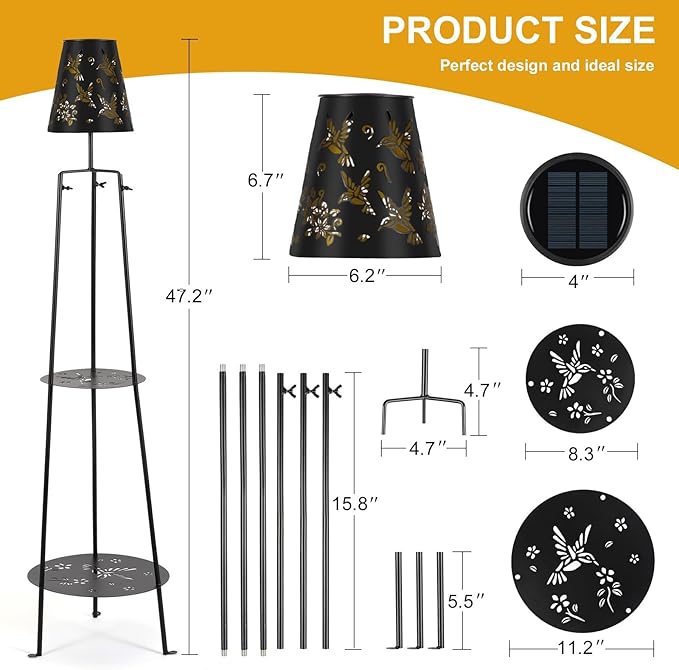 47.2'' Outdoor Metal Solar Floor Lamps with 2 Plant Stand Hummingbird Solar Lights Waterproof Solar Powered Street Lights Garden Decorative Lantern for Yard Pathway Deck Patio Porch Driveway Decor