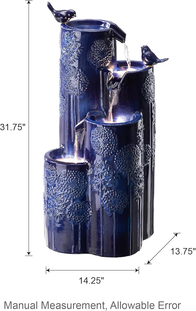 Glitzhome 32" H Outdoor Water Fountain with LED Lights and Pump, 4 Tier Ceramic Cobalt Blue Dandelion Texture Outdoor Fountains and Waterfalls with Cute Birds, for Porch Deck Garden Patio Backyard