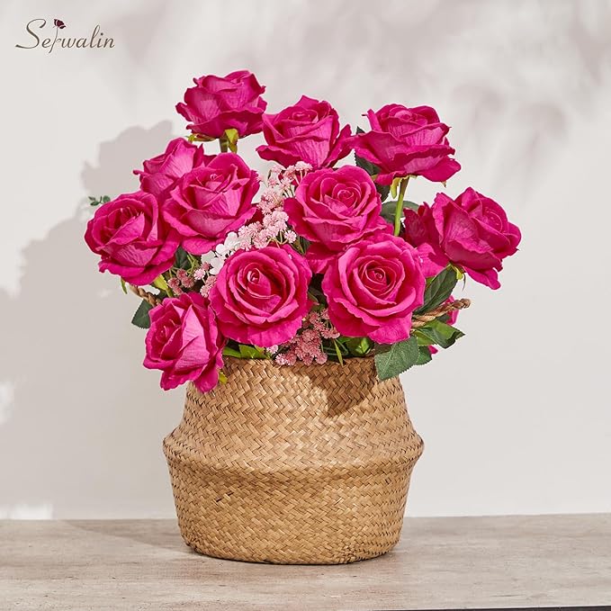 Serwalin 20pcs Artificial Roses, 4'' Big Flower Head, Hot Pink Roses Velvet Real Touch, Silk Fake Roses Long Stem Realistic Bouquet for Wedding Table Centerpiece and Home Decor
