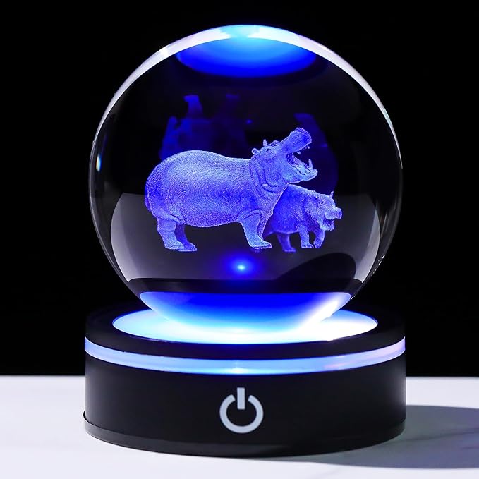 YWHL 3D Hippo Crystal Ball Figurine with LED Base Laser Hippopotamus Gifts for Women Men on Christmas Birthday Decorative Hippo Ball Glass Hippopotamus Globe Night Light for Home Decor (80mm)