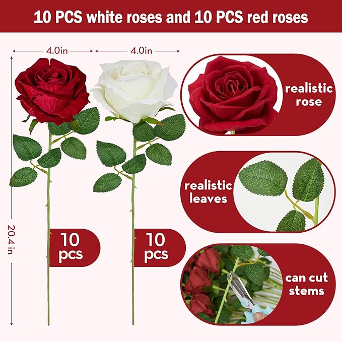 Serwalin 20pcs Artificial Red and White Roses, 4'' Big Flower Head, Fake Roses Velvet Real Touch, Silk Roses Long Stems Realistic Bouquet for Wedding Table Centerpiece and Home Decor