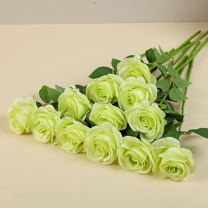 12pcs Light Green Roses Artificial Flowers Fake Roses Silk Flowers Roses with Long Stems for Wedding Home Party Centerpieces Decorations