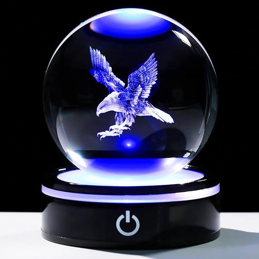 YWHL 3D Eagle Figurine Crystal Ball with Colorful Light Base, Eagle Gifts for Women Men Eagle Lovers on Christmas Birthday, 3D Laser Engraved Eagle Sphere Glass Ball for Home Office Decoration (80mm)