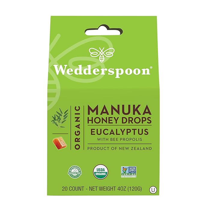 Wedderspoon Organic Manuka Honey Drops, Eucalyptus & Bee Propolis, 20 Count (4oz) (Pack of 1)| Genuine New Zealand Honey | Perfect Remedy For Dry Throats