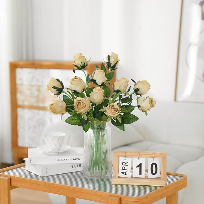 12Pcs Realistic Fake Champagne Roses Faux Flowers with Long Stems, Artificial Silk Rose Flowers for Valentines Day Home Wedding Decor Bridal Bouquet