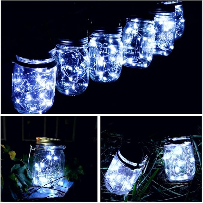SmilingTown Solar Mason Jar String Light Lids 12 Pack 30 LED Fairy Firefly Inserts Lighting with 12 Hangers Waterproof for Outdoor Tree Patio Lawn Garden Decor, No Jars (Cool White)