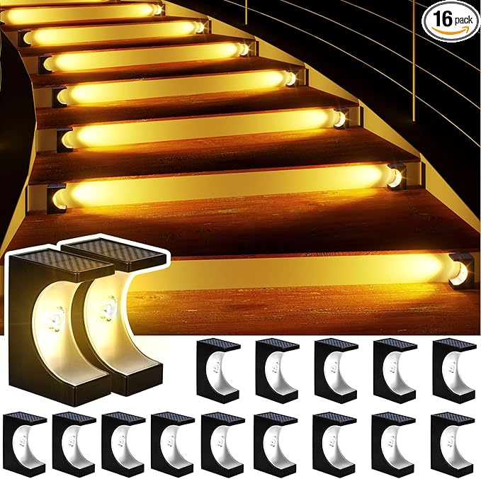 JSOT Outdoor Step Lights - 16 Pack Warm White Solar Stair Lights Waterproof Deck Light for Outside Decor Yard Patio Pathway