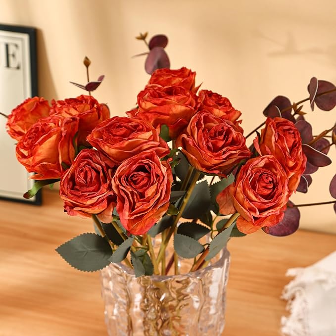 Kimura's Cabin 12pcs Lifelike Faux Silk Roses Flowers Vintage Artificial Rose with Stem Bouquet Fake Roses Dried Flower for Valentines Home Table Centerpiece Wedding Party DIY Decoration(Orange red)