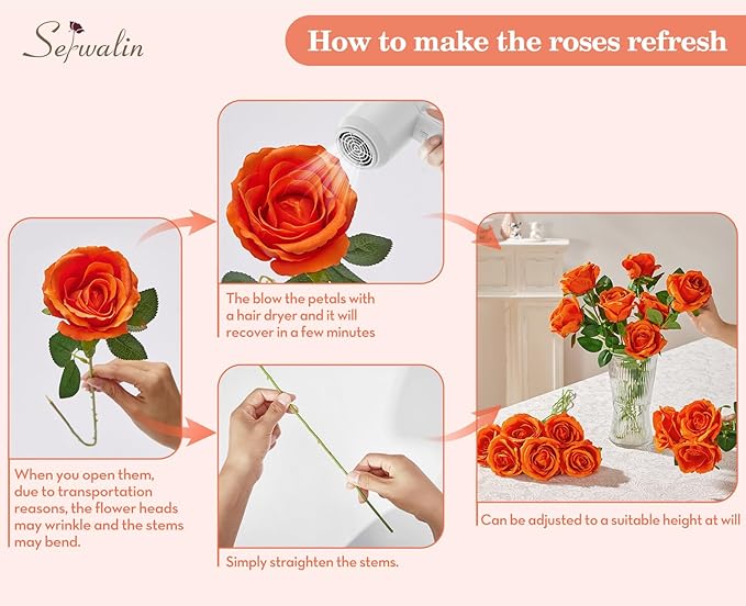 Serwalin 30pcs Artificial Roses Flowers, Orange Fake Roses with Long Stems Realistic Silk Roses for Wedding Bridal Bouquet Arrangement Centerpieces Party Home Decor