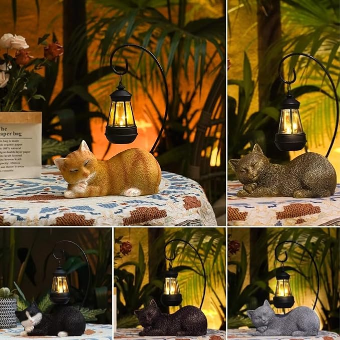 Cat Solar Garden Decor Outdoor Statues, Cat Figurine Decoration with Solar Lights Lantern, Garden Outdooe Cat Statue Decor Art for Patio, Lawn, Yard, Unique Housewarming Gift for Cat Lover and Mom