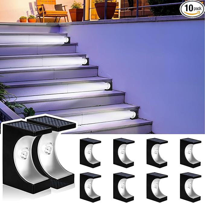 JSOT Solar Stair Lights Outdoor - 10 Pack Waterproof Step Lights Outside Cool White Light Deck Lighting for Patio Decor Yard Garden Stairs