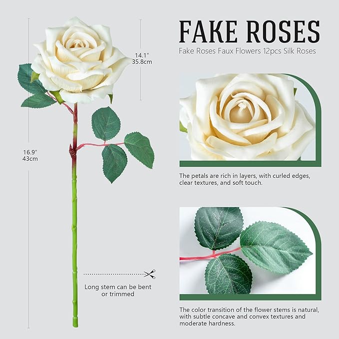 Fake Roses Faux Flowers 12PCS Silk Roses Artificial Roses with Stems Realistic Artificial Flowers Suitable for Indoor Home Decoration DIY Bouquet Wedding Decor Party Decor 16.5In (White)