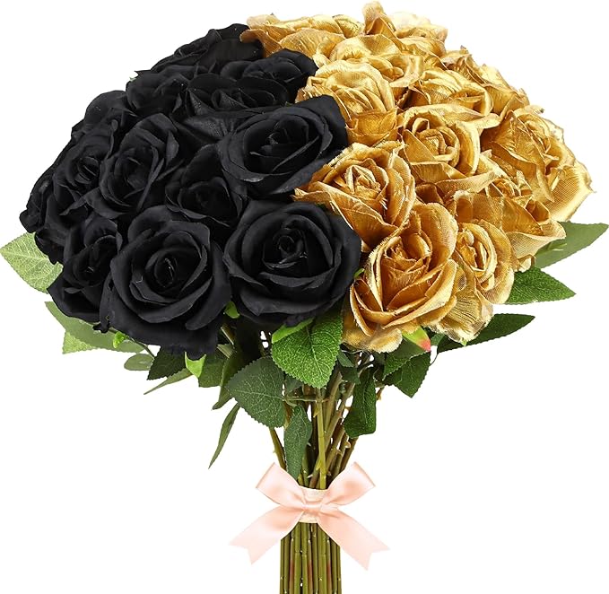 36 Pcs Silk Black Gold Rose Bouquet Bridal Artificial Flowers,Fake Rose Long Stem Realistic Flowers Bulk for Wedding Bouquet Ball Arrangement Centerpiece Party Decor