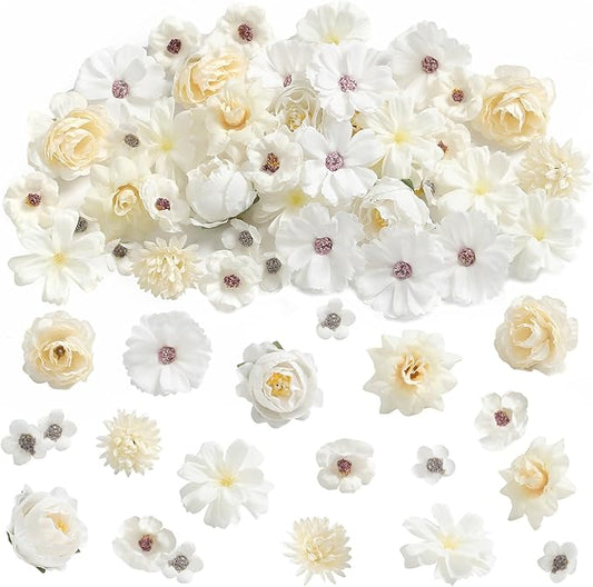 Faux Flower Heads Small Silk Artificial Flower DIY Fake Mini Flowers Rose Daisy Multicolor Flowers Craft Supplies for Wedding Party Wreath Graduation Season Party Home Decor (45, White)