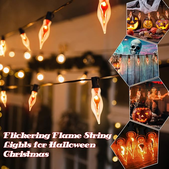 12.8Ft Christmas Lights Flickering Flame String Lights with 12 Pack Clear C7 Flame Light Bulbs(2 Spare), Great for Indoor Outdoor Home Patio Party Christmas Decorations Lights, 1W, E12 Base