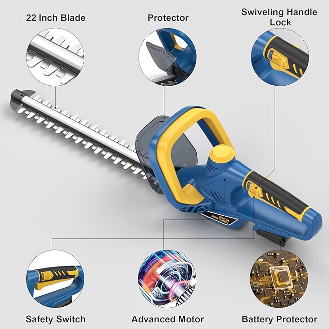 Hedge Trimmer for Dewalt 20V Battery, Cordless Hedge Trimmer with 22'' Dual-Action Blade, 1600RPM, 3/5'' Cutting Width, Rotating Handle & Dual Switch Design (Battery Not Included) (Navy Blue)