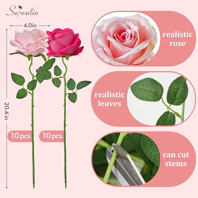 Serwalin 20pcs Artificial Pink & Hot Pink Roses, 4'' Big Flower Head, Fake Velvet Roses, Silk Roses Long Stems Realistic Bouquet for Wedding Parties Table Centerpiece and Home Decor