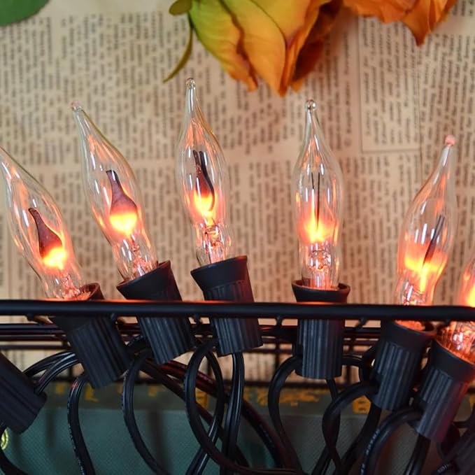 12.8Ft Christmas Lights Flickering Flame String Lights with 12 Pack Clear C7 Flame Light Bulbs(2 Spare), Great for Indoor Outdoor Home Patio Party Christmas Decorations Lights, 1W, E12 Base