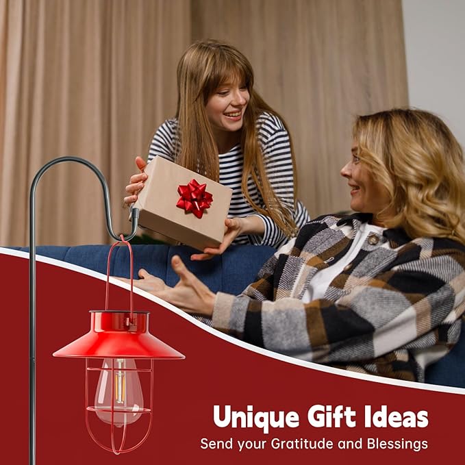 Solar Lights Lantern Lamp with Shepherd Hook, Solar Metal Lanterns, Outdoor Lights Decor,Edison Bulb Lights for Garden ,Outside Decor for Pathways,Patio, Lawn, or Landscaping(Red)