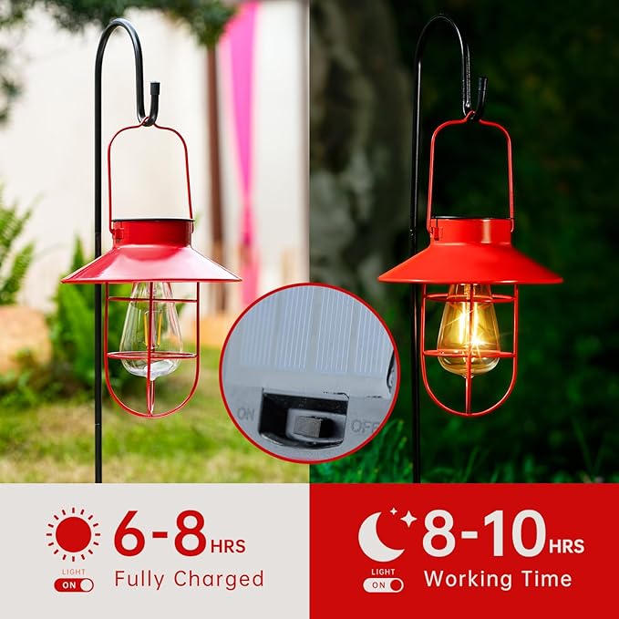 Solar Lantern with Shepherd Hook, Solar Lights Lantern lamp, Outdoor Lights Decor, Water Resistant Edison Bulb Lights for Garden Decor ,Outside Decor for Pathways,Patio, Lawn or Yard (Red,2 Pack)