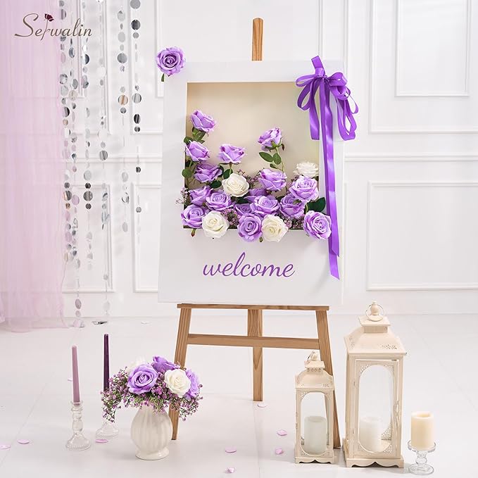 Serwalin 20pcs Artificial Roses, 4'' Big Flower Head, Light Purple Roses Velvet Real Touch, Silk Fake Roses Long Stem Realistic Bouquet for Wedding Table Centerpiece and Home Decor