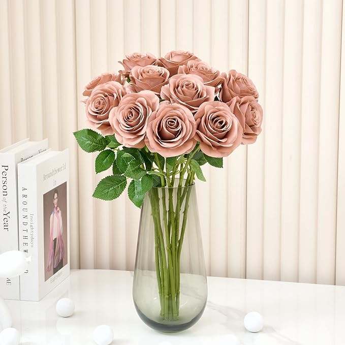 12Pcs Artificial Silk Flowers Fake Roses Flowers with Long Stems for Home Decor Wedding Baby Shower Party Centerpieces Decorations (Dusty Rose)