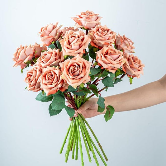 Fake Roses Faux Flowers Silk Roses 16.5In Artificial Roses with Stems Realistic Artificial Flowers Suitable for Indoor Home Decoration Diy Bouquet Wedding Decoration Party Decor 12PCS Khaki