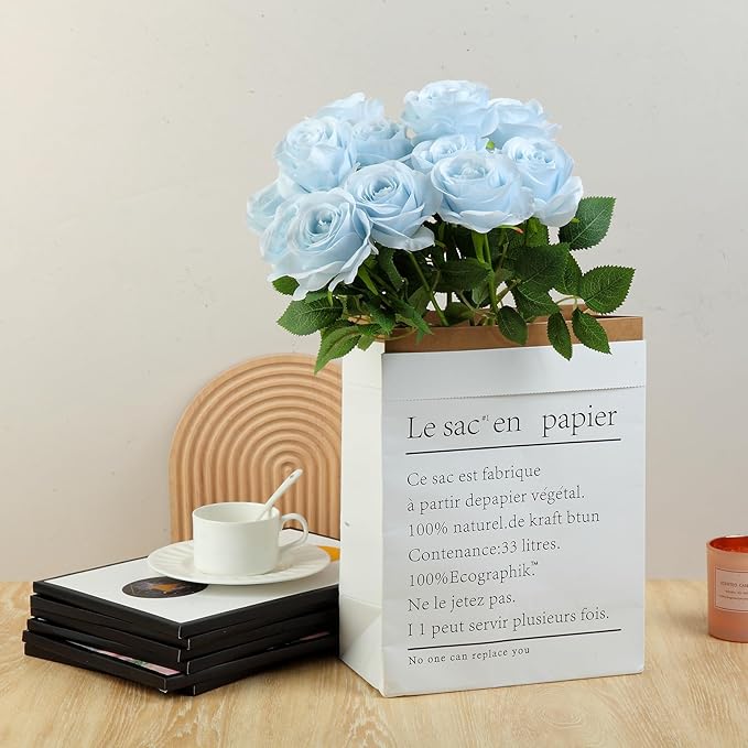 12pcs Roses Artificial Flowers Fake Roses Baby Blue Silk Roses White Silk Flowers Rose with Long Stems for Wedding Home Party Centerpieces Decorations