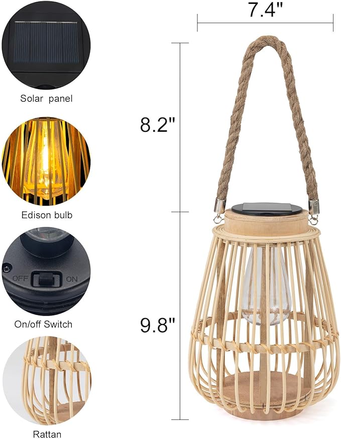 Solar Lanterns Outdoor Hanging Lights Waterproof Rattan Bamboo Solar Powered Light with Twine Handle Decorative Garden Table Lamp for Patio Yard Tabletop Tree Pathway Home Decoration