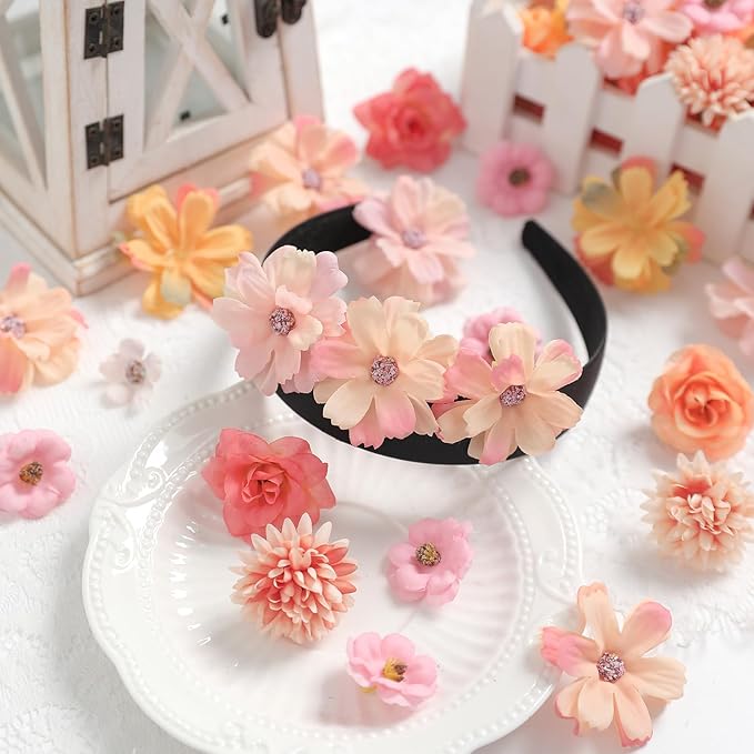 Small Artificial Flower Heads 2-4 cm, Fall Silk Faux Orange Peony Daisy Rose, for DIY Crafts, Wedding Garland, Graduation Cap, Cake Topper & Home Decoration (125, Orange)