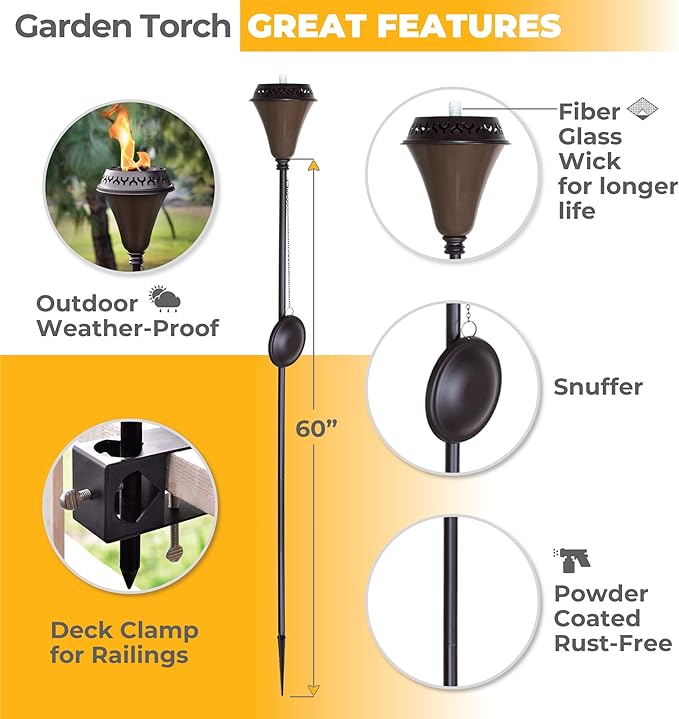 Deco Home 60" Garden Torch Large Flame Set of 2 Citronella Oil Lamp Outdoor Patio Outdoor Lawn Lighting Lamp for Party Pathway with Stakes and Deck Clamp (Olive Black)