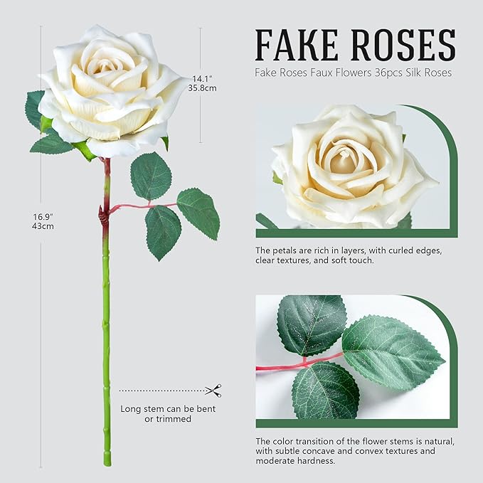 Fake Roses Faux Flowers Silk Roses 36PCS Artificial Roses with Stems Realistic Artificial Flowers Suitable for Indoor Home Decoration DIY Bouquet Wedding Decor Party Decor 16.5In (White)