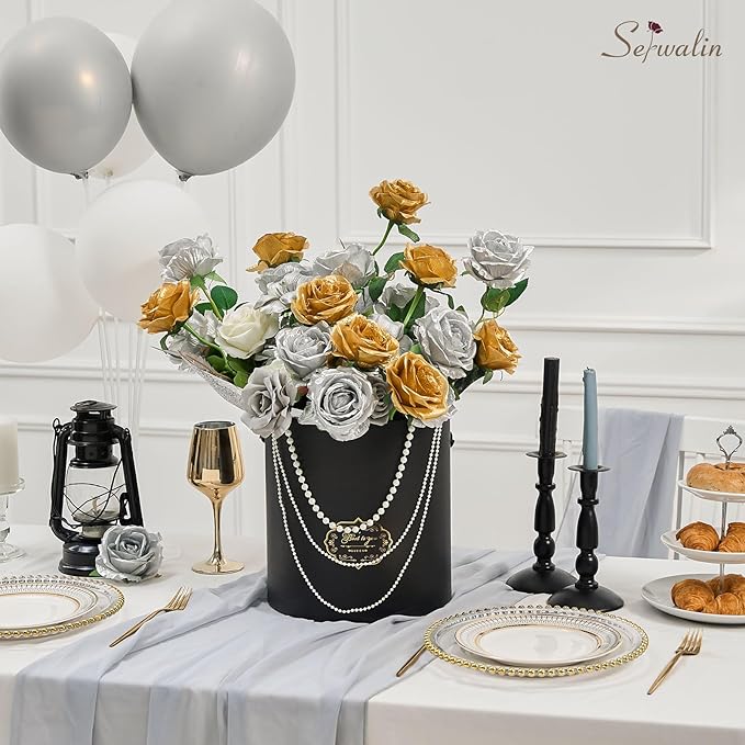 Serwalin 20pcs Artificial Silver Roses, 4'' Big Flower Head, Fake Roses Real Touch, Silk Roses Long Stems Realistic Bouquet for Wedding Parties Table Centerpiece and Home Decor