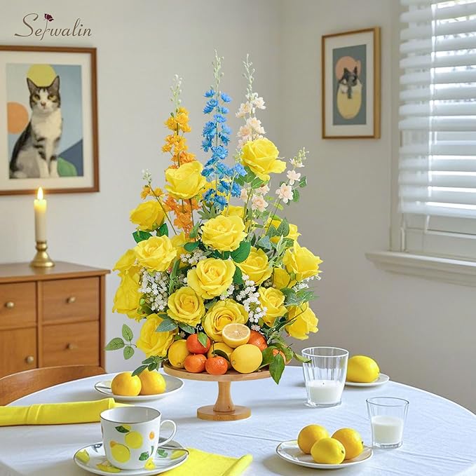 Serwalin 30pcs Artificial Yellow Roses, Realistic Silk Roses Fake Long Stem Artificial Roses for Mother,Wedding Bouquet Table Centerpieces Party Home Birthday Graduation Decorations