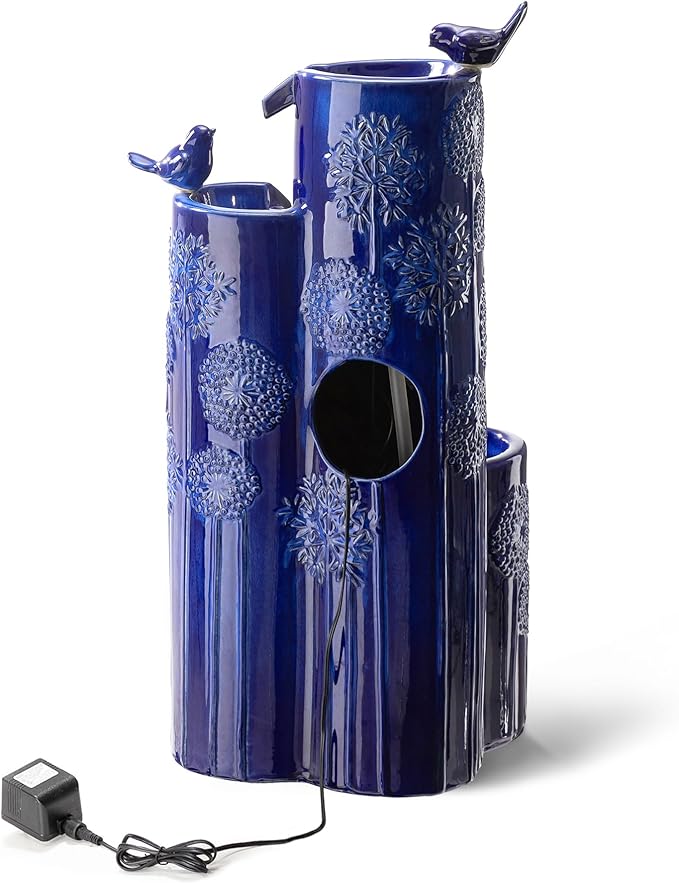 Glitzhome 32" H Outdoor Water Fountain with LED Lights and Pump, 4 Tier Ceramic Cobalt Blue Dandelion Texture Outdoor Fountains and Waterfalls with Cute Birds, for Porch Deck Garden Patio Backyard