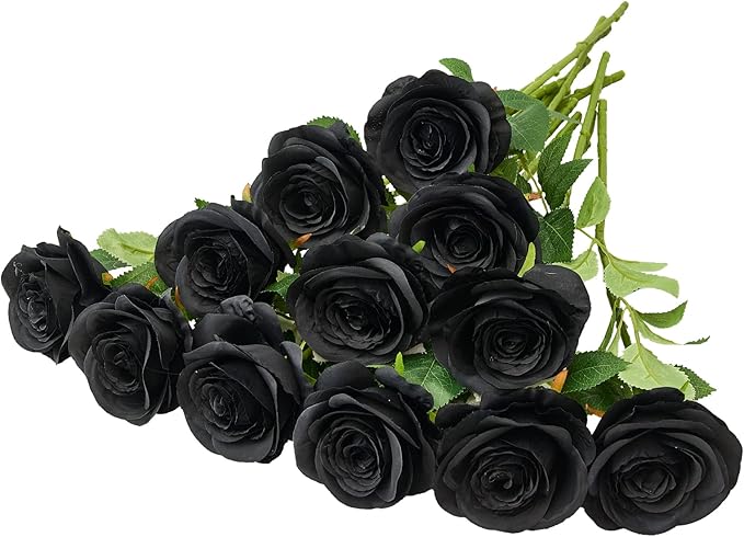 12PC Black Roses Artificial Flowers Fake Roses Silk Realistic Roses Bouquet Flowers with Long Stems for Wedding Home Party Centerpieces Decorations
