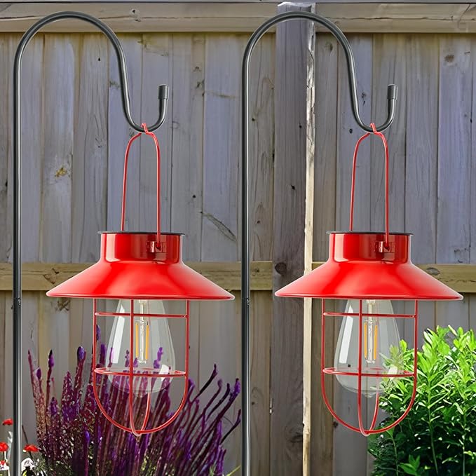Solar Lantern with Shepherd Hook, Solar Lights Lantern lamp, Outdoor Lights Decor, Water Resistant Edison Bulb Lights for Garden Decor ,Outside Decor for Pathways,Patio, Lawn or Yard (Red,2 Pack)