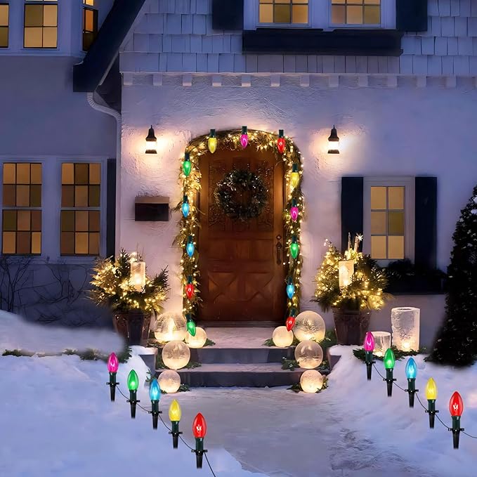 38Ft Christmas Pathway String Lights Outdoor With C9 25 Multicolor Marker Stakes, Extendable Walkway Lights for Outside Xmas Party Holiday Backyard Sidewalk Decor