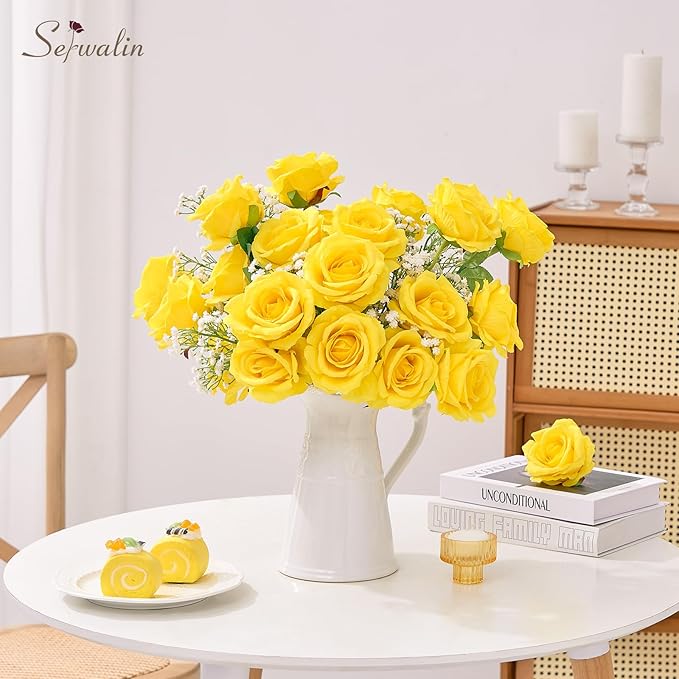 Serwalin 20pcs Artificial Yellow Roses, 4''Big Velvet Flower Head Fake Roses, Realistic Silk Roses Real Touch Bouquet Long Stems for Mother, Wedding Home Decor and Table Centerpiece