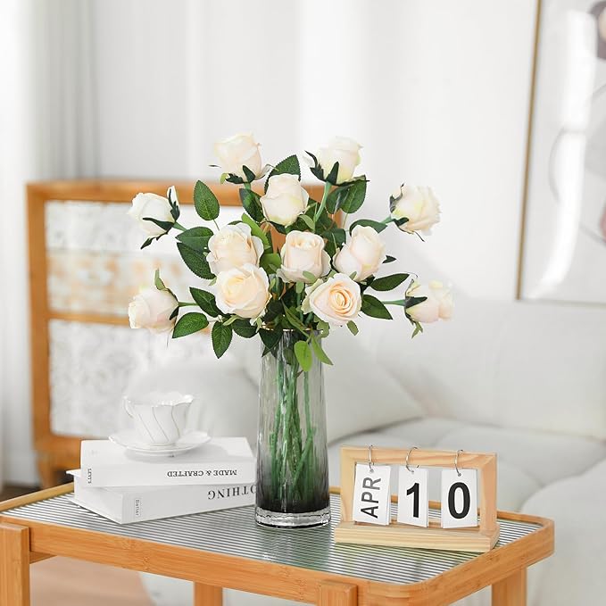 12Pcs Realistic Fake Cream Roses Faux Flowers with Long Stems, Artificial Silk Rose Flowers for Valentines Day Home Wedding Decor Bridal Bouquet