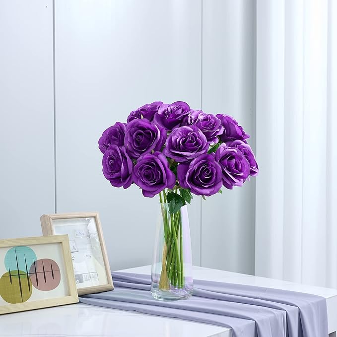 12Pcs Purple Roses Artificial Flowers Fake Roses Silk Flowers Real Touch Rose with Long Stems for Wedding Home Office Baby Shower Party Centerpieces Decorations
