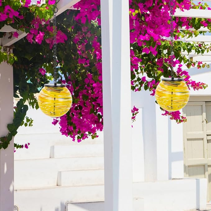 Solar Lanterns Outdoor Waterproof LED Lights 4.7" Glass Hanging Solar Lights with Metal Chain,Gazing Globe Ball Outdoor Decorative Lantern for Patio Pathway Yard Garden Decor(Yellow)