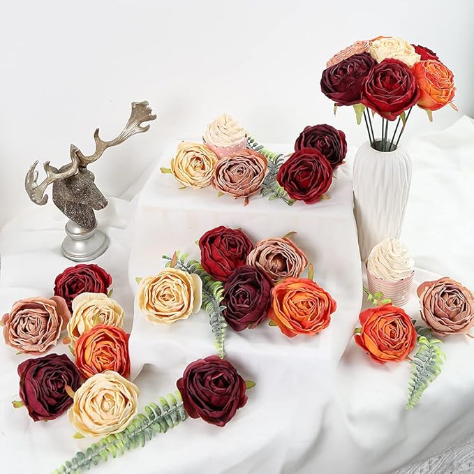 IPOPU Artificial Flowers Rose Heads 25PCS Artificial Rose Flower for Decorations Dried Flower Rose Heads Bulk for Wedding Flower Wall Decor Bridal Party Room Decor (Sunset Mixed)