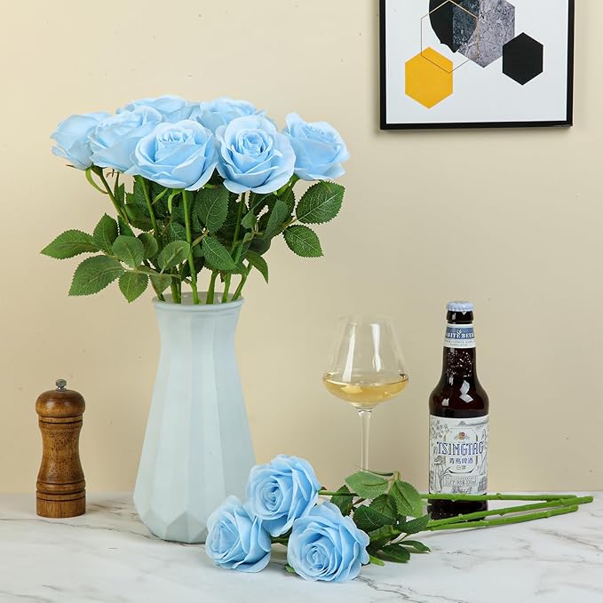 12pcs Roses Artificial Flowers Fake Roses Blue Silk Roses Flowers Rose with Long Stems for Wedding Home Party Centerpieces Decorations