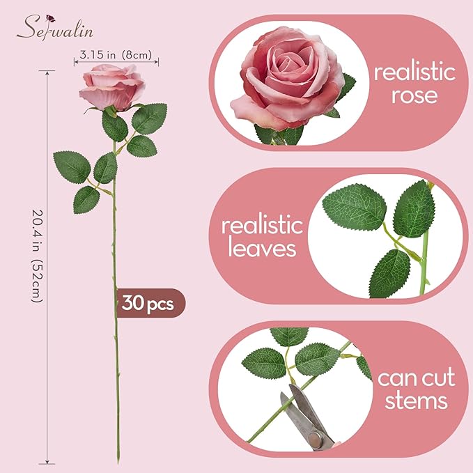 Serwalin 30pcs Artificial Roses Flowers, Dusty Pink Roses with Long Stems Realistic Fake Silk Roses Flowers for DIY Wedding Bouquet Centerpieces Party Home Table Decor
