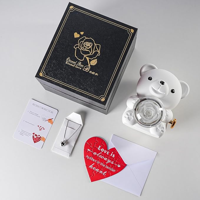 Cute Teddy Bear with Preserved Rose - A Real Rose Flower in Bear with Elegant Gift Box - Romantic Gift for Her in Mother's Day, Weddings, Anniversaries, and Bridal Showers (White)